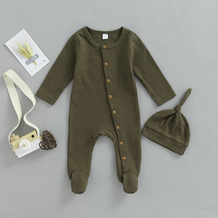 infant Newborn Baby Boys Girl Solid Footies Set, Round Neck Long Sleeve Button-Down Ribbed Feet Wrap Jumpsuit + Hat