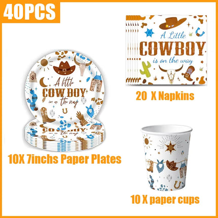 A Little Cowboy Baby Shower Decor Set, My First Rodeo Western Themed Disposable Tableware Kit for Boys 1st Birthday Party
