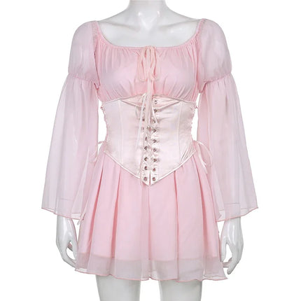 Womens Puff Sleeve Off Shoulder Dresses Lace Up Swing Dress Ruffle Mesh Party Mini Dress and Body Shaper Bustier Corset