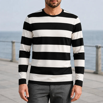 Autumn Daily Casual Stripe Long Sleeve T-shirt For Men 3D Print Contrast Color Design Round Neck T Shirts Basic Versatile Styles