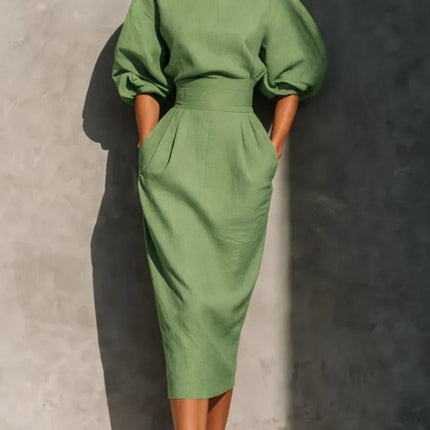 Elegant Women O-neck Lantern Sleeve Pocket Midi Dress Spring Summer Fashion Solid High Waist Pleated Wrap Hip Holiday Dresses