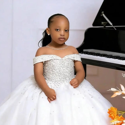 White Flower Girl Dresses for Wedding Off Shoulder Beading Tulle Puffy Birthday Gowns First Communion Gowns Customized