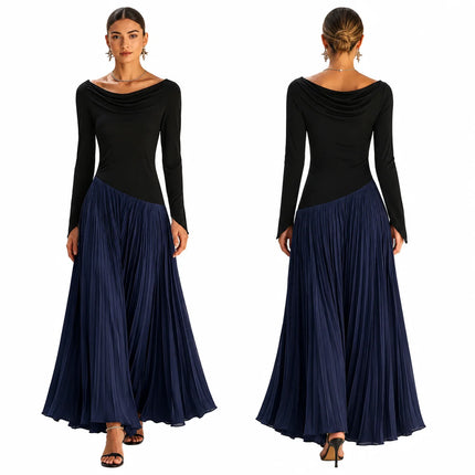 Women Draped Cowl Neck Long Sleeve Maxi Dress Asymmetrical Spliced Pleated Flowy Long Dress Elegant Cocktail Wedding Guest Formal Party Evening Dresses