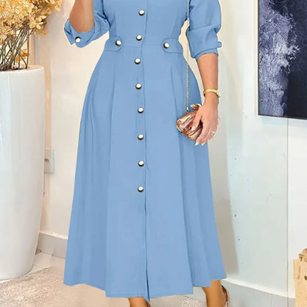 Women's Elegant Midi Dresses Plus Size Casual Mock Neck Long Sleeve Button Up A-Line Long Dress ZANZEA Autumn Woman Clothing 5XL