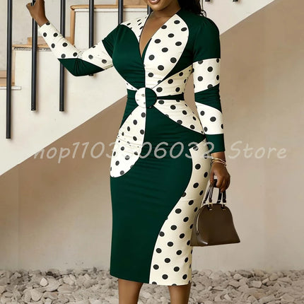 Polka Dot Color Block Floral Print Bodycon Dress V-Neck Long Sleeve Midi Dress for Women Spring Party Date Night Outfit