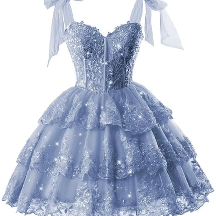 Sparkly Tiered Lace Tulle Homecoming Dresses Short Bow Straps Formal Prom Gowns Sweet 16