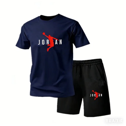 2026 New Jordan Style Men's 2 Piece Set Summer Black Short Sleeve T Shirt Shorts Casual Sports Tracksuits Plus Size S-4XL