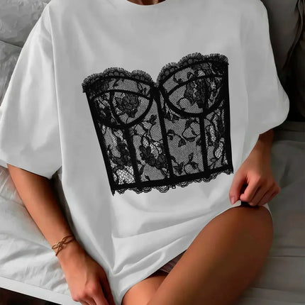 Lace Corset Print Oversized T Shirt Women Y2K Harajuku Casual Loose Short Sleeve Graphic Tee Summer Streetwear Tops