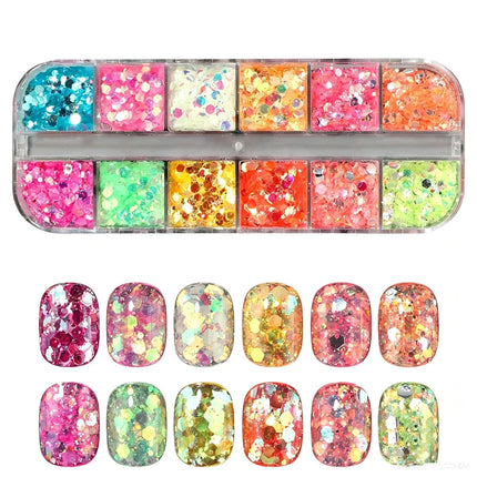 12 Grids Fluorescence Hexagon Nail Art Sequins Shiny Chameleon Iridescent Nail Glitter Powder Shimmery Flakes Nail Decoration