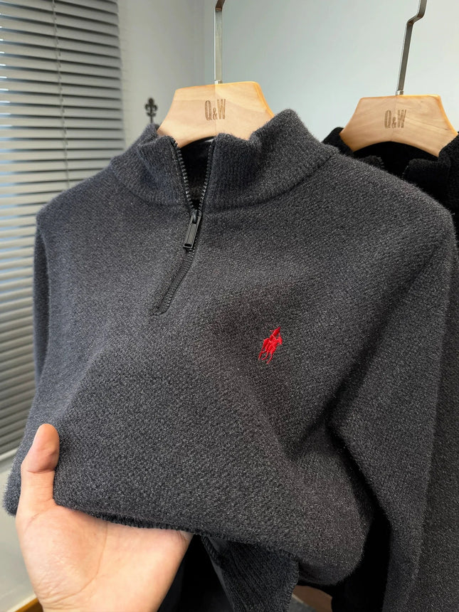 Luxury brand zipper semi high neck sweater men's high-end fashion ponytail golf embroidery winter new velvet warm knit pullover