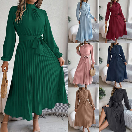 2025 Elegant Long Sleeve Fashion Dresses New Spring Women Belts Pleated Casual Solid Long Dress Casual A-Line Party Maxi Dresses