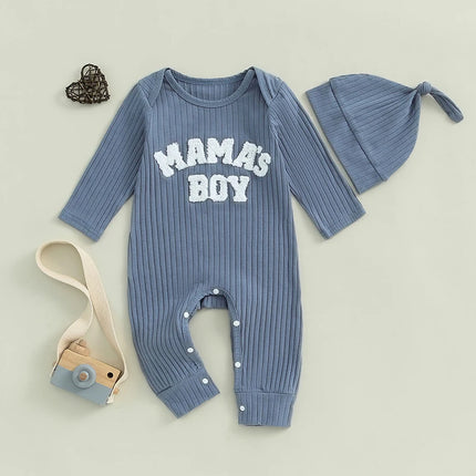 Pudcoco Infant Newborn Baby Boy Bodysuits Letter Embroidered Ribbed Long Sleeve Round Neck Fall Jumpsuits Hat Outfits 0-18M