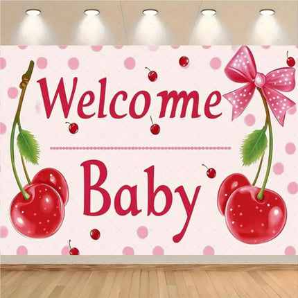 Checkered Cherry Butterfly Bow Theme Banner Background, Children's Birthday Party, Room Decoration Photography Background Cloth
