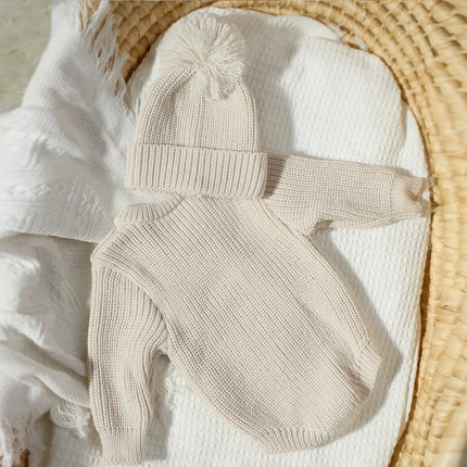 Ylsteed Hello World Knitting Newborn Photography Romper with Matching Pomp Hat Baby Boy Girl Sweater Outfits Photo Shooting-HD