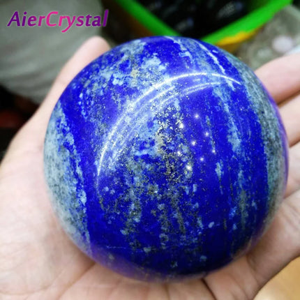 Natural Lapis Lazuli Crystal Sphere Ball 5-6cm with Wood Base Large Orb Royal Blue Gold Pyrite Handmade Polished Tutankhamun Egyptian Wooden Stand Display Home Decor Desk Ornament Office Decor Room Decor Bedroom Decor Table C