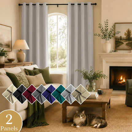 2 PCs Thermal Insulation 100% Blackout White Coating Curtains for Bedroom, Privacy Protection Noise Reduction Room Darken Grommet Top Curtains for Office, Living Room, Dining Room