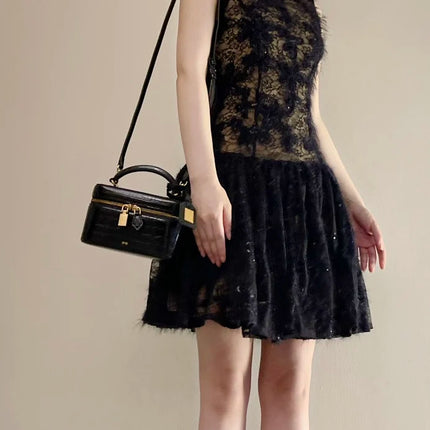 JW PEI New Black Textured Leather Crossbody Bag for Women,Designer Shoulder Purse,Chic Commuter Handbag Fashion Box Bag