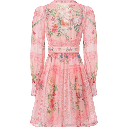 Pink Floral Shirt Dress Women Long Sleeve Lapel Belted Mini Dress Elegant Spring Summer Party Office Lady Co-ord Outfit