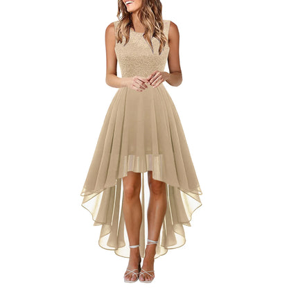 Female Dress Lace Dress Bow Belt Irregular Length  Wedding Guest Sleeveless Bridesmaid Cocktail Party Womens Dresses