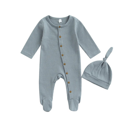 Baby Boys s Girl s Romper Set Round Neck Long Sleeve Button-Down Ribbed Feet Wrap Jumpsuit Hat