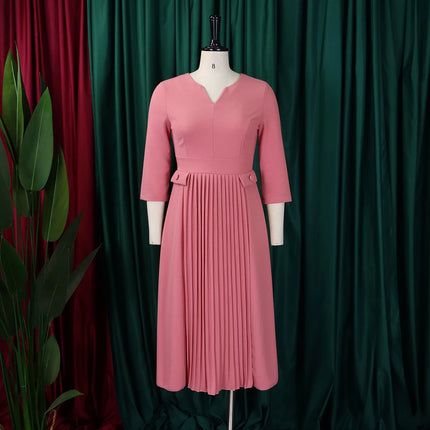 Elegant Office Dresses for Woman O Neck Three Quarter Sleeve Pleated Mid Calf Formal Ladies Business Work Wear Dress Midi Cloth