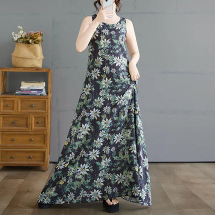 THHONE Summer Print Loose Women Robe Cotton Dress Sleeveless Casual Beach Style Long Ladies Womens Dresses Vestidos Para Mujer