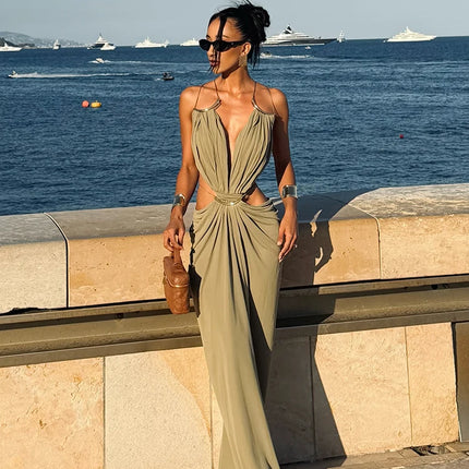 Sexy Women's Backless Dress Halter Sleeveless Waist Hollow Out Solid Female Dresses 2026 Summer Vacation Beach Fashion Lady Robe