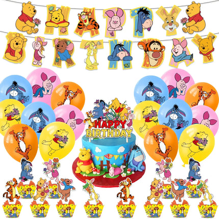 Winnie The Pooh Balloons Happy Birthday Banner Decoration Yellow Bear Party Supplies Backdrop Cake Topper Disposable Tableware