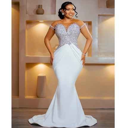 Customized Plus Size Wedding Dresses For Bride Detachable Train Mermaid Ball Gown Sheer Neck Short Sleeves Beaded Bridal Gowns