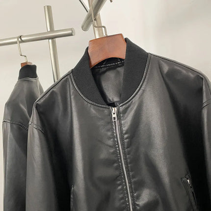 Autumn and winter new leather solid color short coat retro style short zipper cardigan casual all match leather jacket female