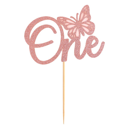 One With Butterfly Cake Topper Bowtie Happy Birthday Anniversary Kids Adult Pink Cupcake Baking Decor Party Flag One Year Old
