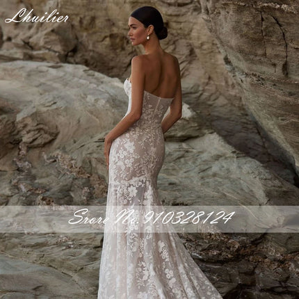Lhuillier Customized Strapless Lace Mermaid Wedding Dresses Sleeveless Beaded Bridal Dress with Chapel Train