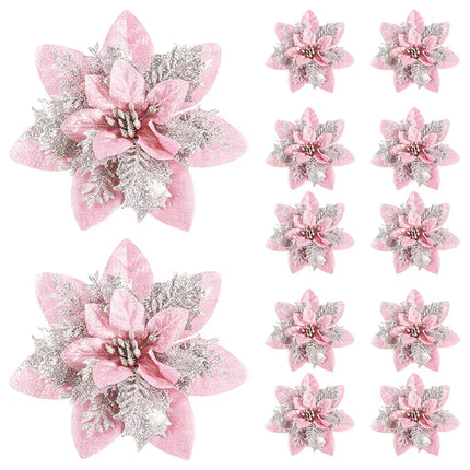 Glitter Artificial Flowers for Christmas Tree, Xmas Ornaments, Pink, Red, Gold, Home Decoration, 14.5cm