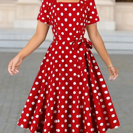 Woman Summer Elegant Midi Dress Fashion Polka Dot Print Short Sleeves High Waist Dresses Ladies Beautiful Square Collar Vestidos