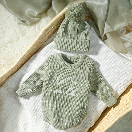 Ylsteed Hello World Knitting Newborn Photography Romper with Matching Pomp Hat Baby Boy Girl Sweater Outfits Photo Shooting-HD