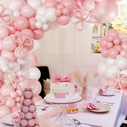 128-Piece Pink Balloon Arch Kit: Includes 18-inch pink and white balloons and bow-shaped balloons; a DIY decoration set perfect for birthday parties, Valentine's Day, graduations, pre-wedding parties, and photo backdrops.