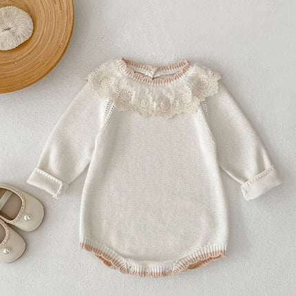 2025 New Autumn 0-24M Children Clothes Newborn Baby Girls Knitted Bodysuits Long Sleeves Lace Splice Korean Style Climbing Suit