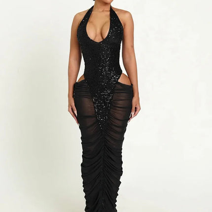 Sexy Glitter Sequins Party Evening Dresses Women Luxury Celebrity Sheer Mesh Patchwork Cut Out Formal Ruched Bodycon Maxi Dress