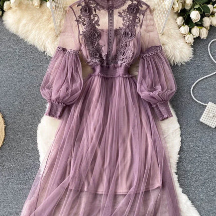 Ladies Dress Three-dimensional Flower Hook Mesh Temperament Stand Collar Lantern Sleeve High Waist Slim Female Dresses