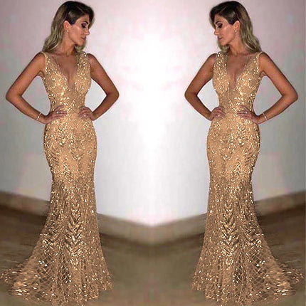 Female Clothing 2025 Annual Meeting Evening Dress Women's Long Sleeveless Sexy Deep V Neck Sequined Women Elegant Party Dresses