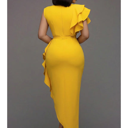 Women's Round Neck Ruffle Decor Split Maxi Bodycon Dress For Wedding Guest Banquet Evening Party Formal Fashion Occasions