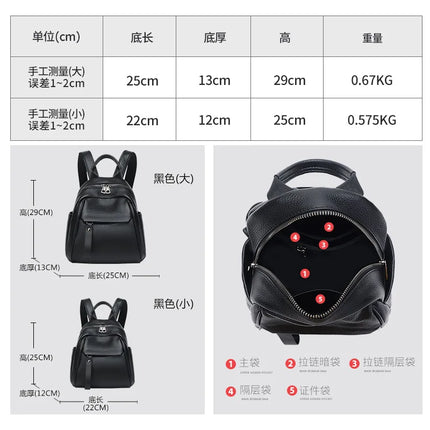Women Black Genuine Cowhide Leather Backpack Anti Theft Hidden Zipper Casual Shoulder Bag with Front Pocket for Daily