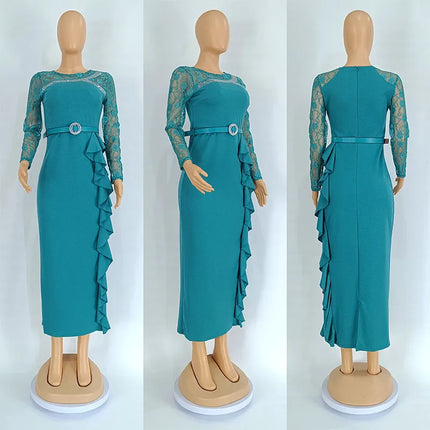 Cross-Border African Women's plus Size Heavy Embellished Party Long Dress Commute Casual Style High Waist Long Sleeve Dress