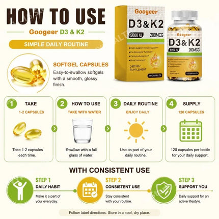 Googeer Vitamin D3 & K2 Capsules with Immune System Support and Bone Formation Support for Calcium Absorption, 120 Capsules