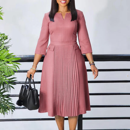 Elegant Office Dresses for Woman O Neck Three Quarter Sleeve Pleated Mid Calf Formal Ladies Business Work Wear Dress Midi Cloth