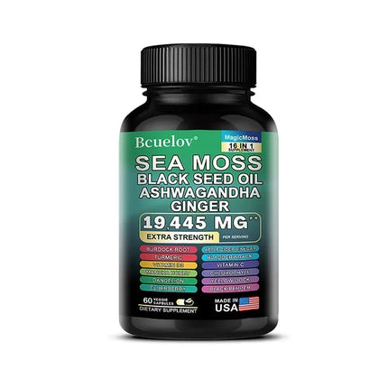 Sea Moss Capsules with Black Seed Oil Ashwagandha Turmeric Complex, Energy Immune Digestive Skin & Stress Relief Support