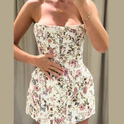 Sexy Women's Printed Bandage Strapless Short Dress Slim Waist Cinched Sleeveless Backless Lace Up Dresses 2026 Summer Lady Wear