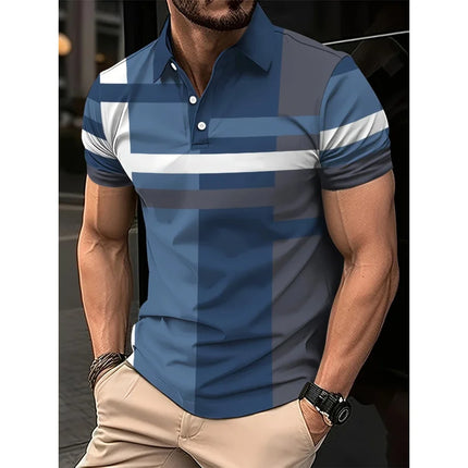 Summer men's golf striped pattern polo short-sleeved polo shirt collar shirt business casual outdoor 3d printed geometric polo