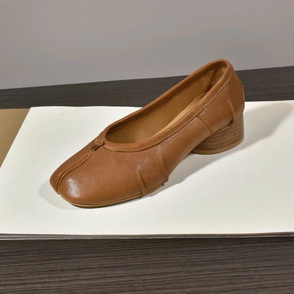 Womens Genuine leather Roundtoe midheel shoes With pleats Tibi Splittoe shoes  Sheepskin ballet flats 3cm heel height