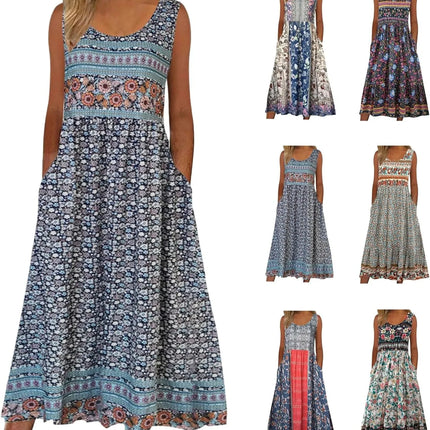 2025 summer new! Women's sleeveless Bohemian floral casual beach MIDI sundress with pockets flowing and loose